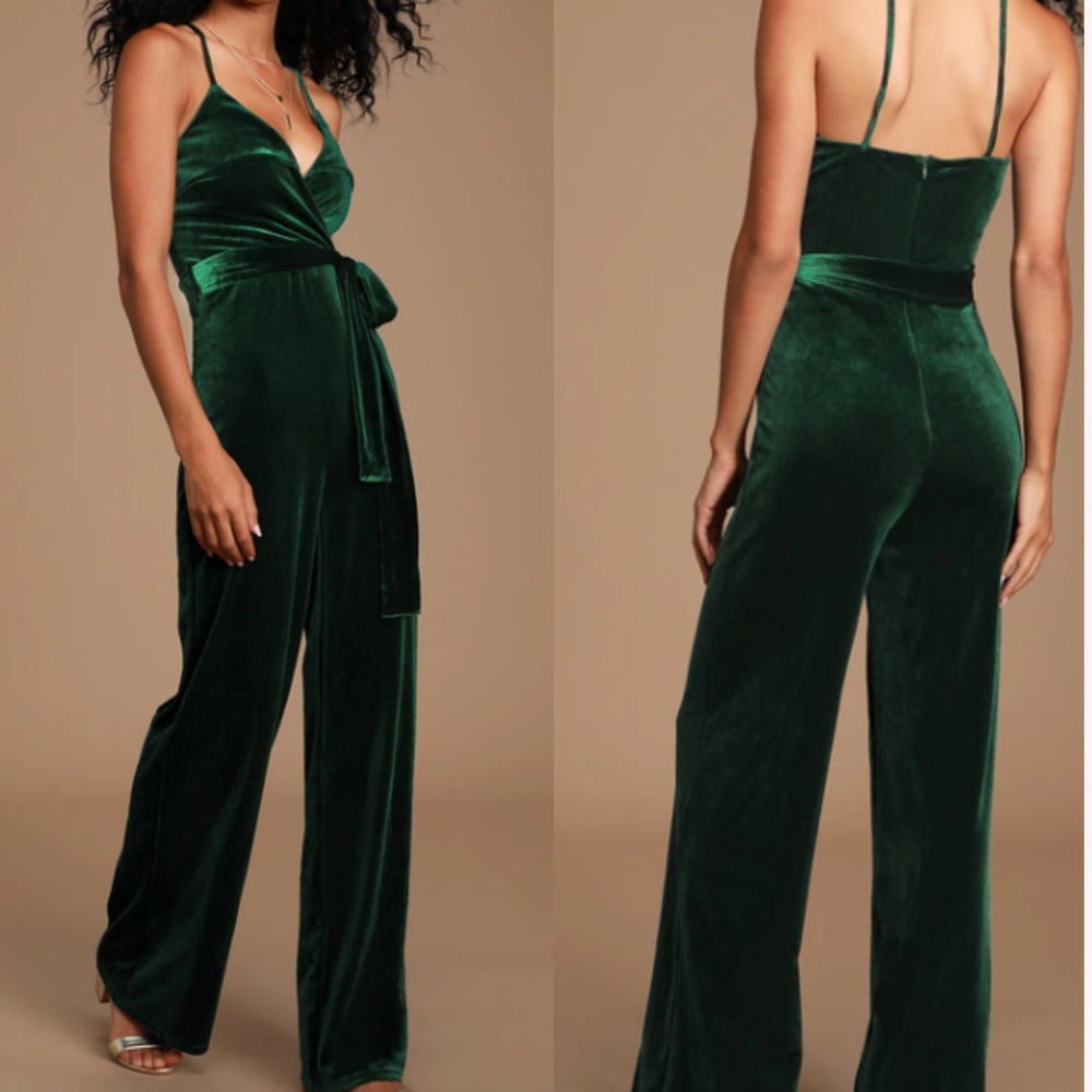 LULU'S XS Kylinna Forest Green Velvet Sleeveless Wide-Leg Jumpsuit NEW B22